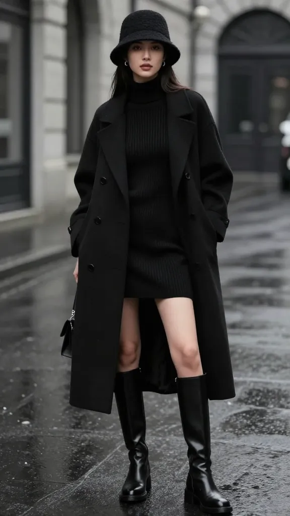 Sleek monochrome: woman in an all-black ensemble featuring a long black coat, ribbed knit dress, tall boots, and a black bucket hat, posed against a moody rainy street with reflections.