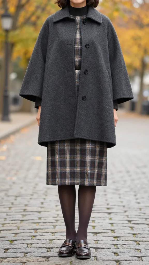 Vintage-inspired: woman in a charcoal wool cape or oversized shawl over a plaid wool dress, with loafers and opaque tights, posed on a cobblestone street with fall trees in the background.