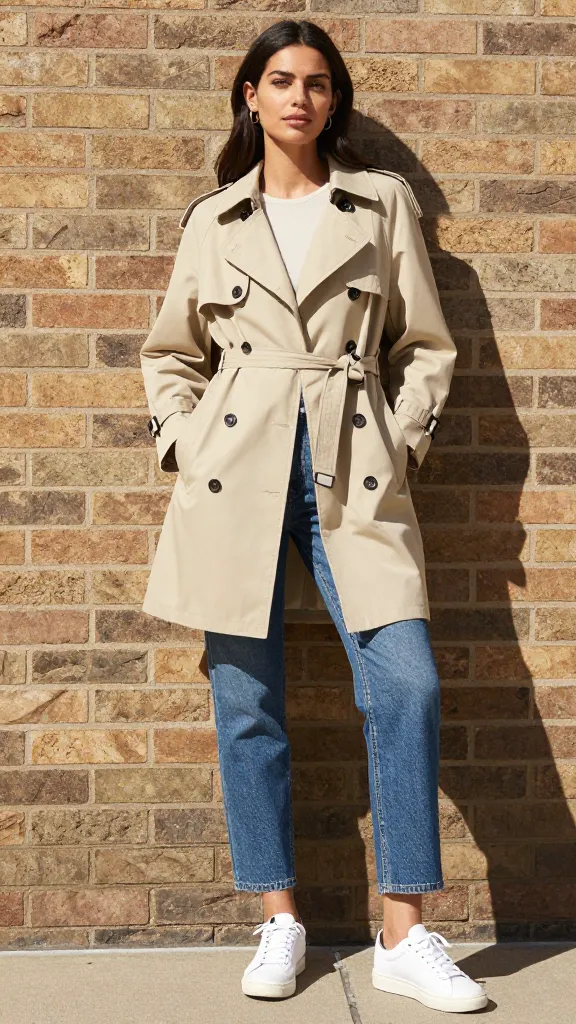 A woman model wearing a light, hip-length beige short trench over classic blue jeans and white sneakers, standing casually against a sunlit brick wall with confident, relaxed posture and hands in pockets.
