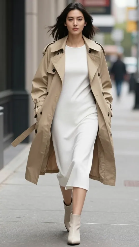 A woman model in a breathable khaki short trench paired with a slouchy white midi dress and ankle boots, strolling through a city sidewalk with a soft breeze tossing the trench edges.