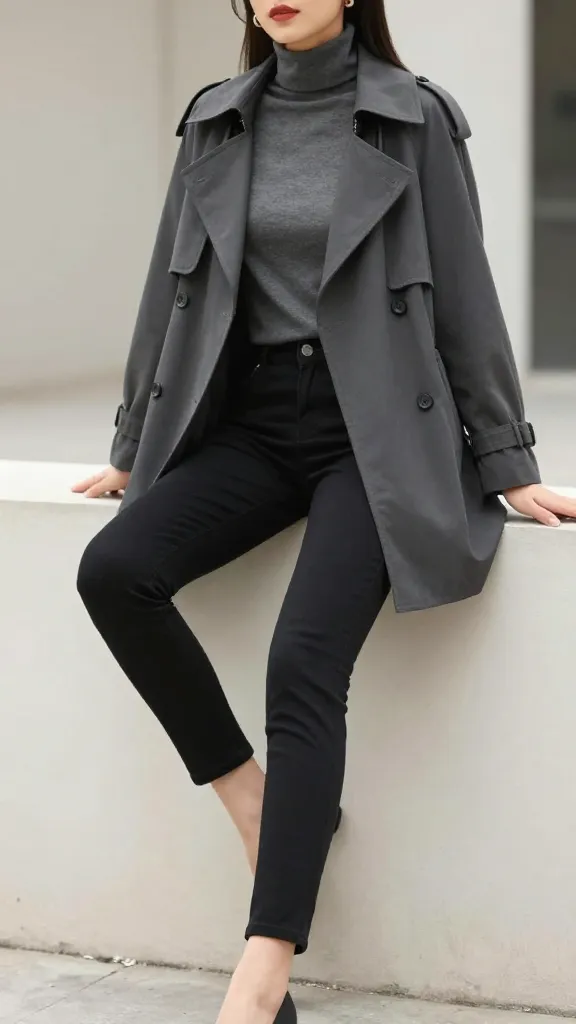 A woman model in a charcoal short trench over a fitted turtleneck and slim black pants, seated on a low outdoor ledge, one leg crossed, minimal jewelry, urban vibe.