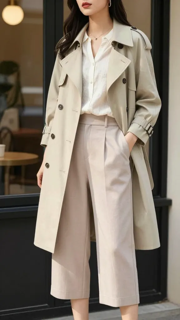 A woman model wearing a pastel short trench over a breathable linen blouse and cropped wide-leg trousers, standing beside a cafe window with natural light highlighting the trench silhouette.