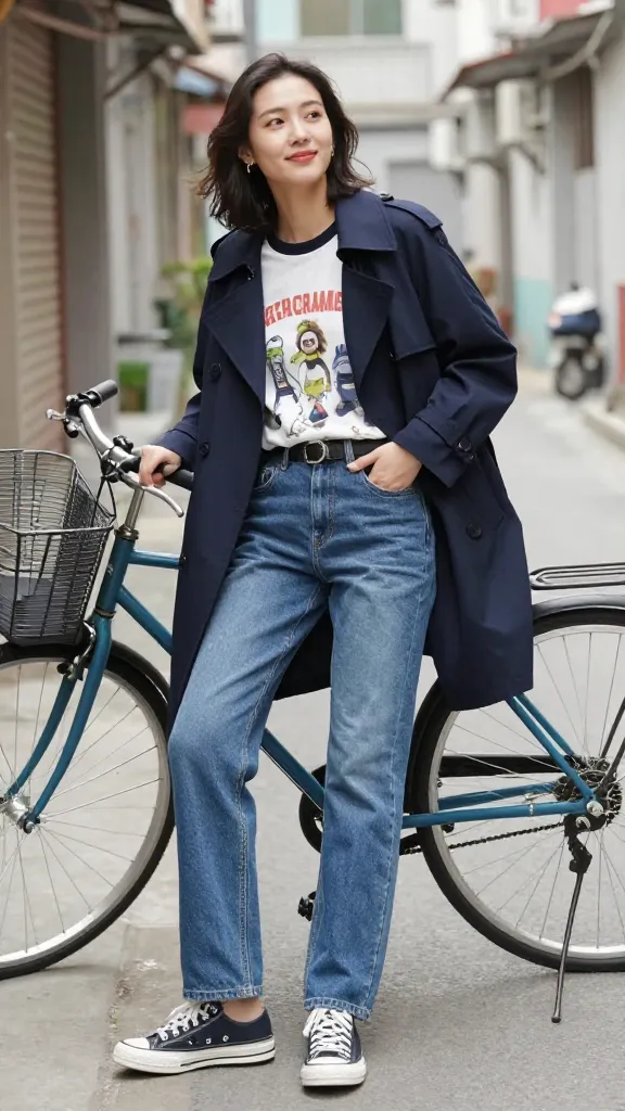 A woman model in a navy short trench layered over a casual graphic tee and straight-leg jeans, leaning against a bike rack in an alleyway with a playful, effortless stance.