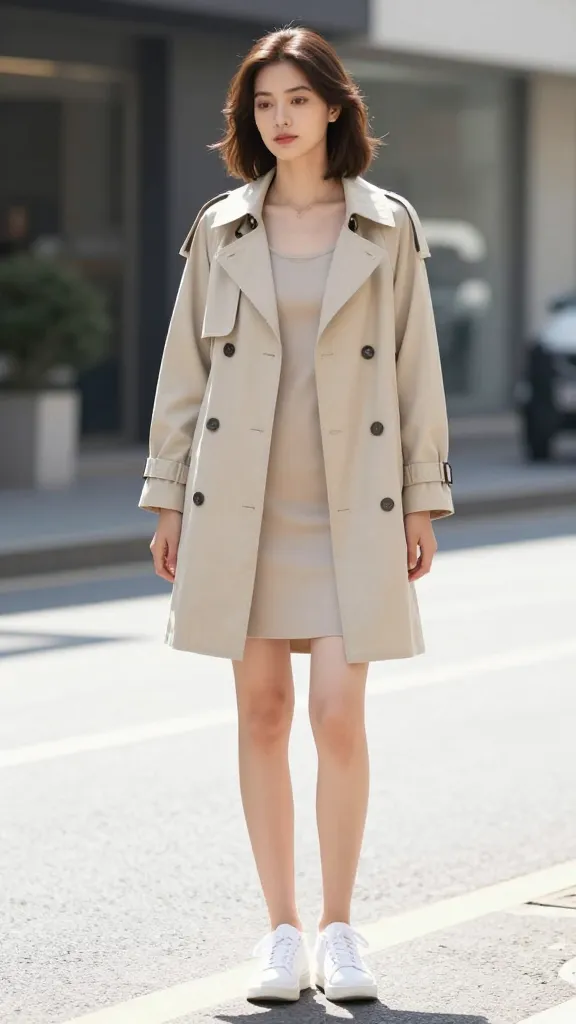 A woman model in a lightweight sand-colored short trench over a slip dress and white sneakers, standing on a sunny street with a soft expression and relaxed shoulders.