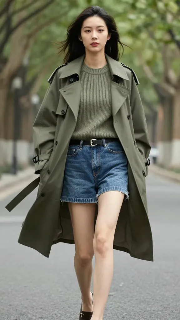 A woman model wearing a olive green short trench over a ribbed sweater and cropped denim, walking along a tree-lined avenue with wind lifting the trench slightly at the sides.