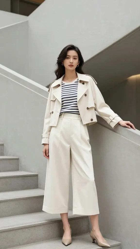 A woman model in a cream short trench over a striped Breton top and wide-leg culottes, posing at a modern architectural stairwell with clean lines and a calm demeanor.