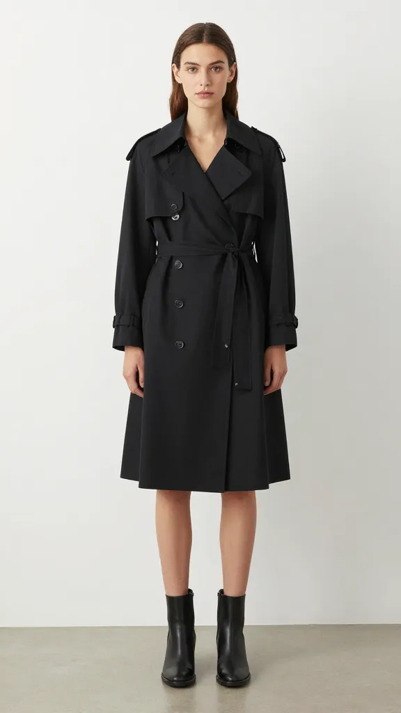 A woman model wearing a black short trench over a midi dress with a cropped hem and ankle boots, standing in front of a minimalist white wall, hands loosely at sides.