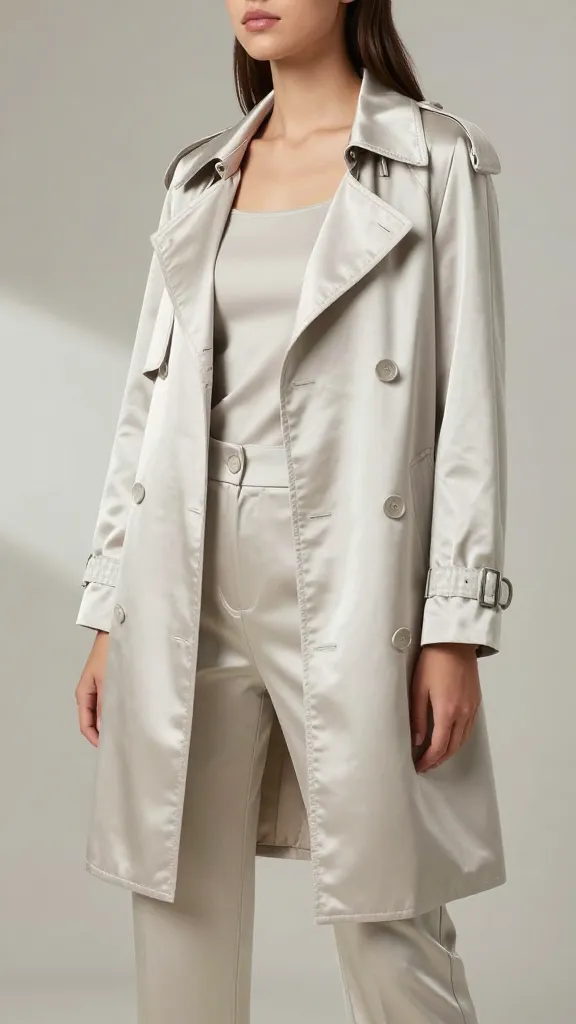 A woman model in a light metallic or satin-finish short trench over a monochrome monochrome outfit (top and pants), posing in a studio setting with soft shadows to emphasize fabric drape and shoulder line.