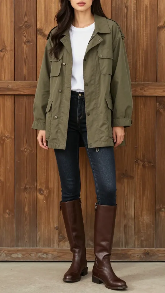 A woman modeling a slightly relaxed olive barn jacket over a white tee and dark skinny jeans, knee-high brown leather boots, standing against a rustic wooden fence with soft natural light.