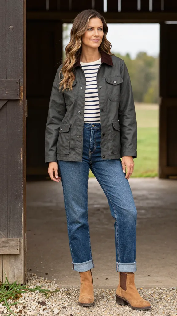 A woman wearing a waxed cotton barn jacket in charcoal, paired with a striped Breton top, cuffed denim jeans, and tan ankle boots, posing near a barn doorway with a gravel path.