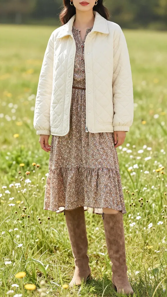 A woman in a quilted barn jacket in cream, layered over a midi floral dress, with knee-high suede boots, standing in a sunlit meadow with wildflowers.