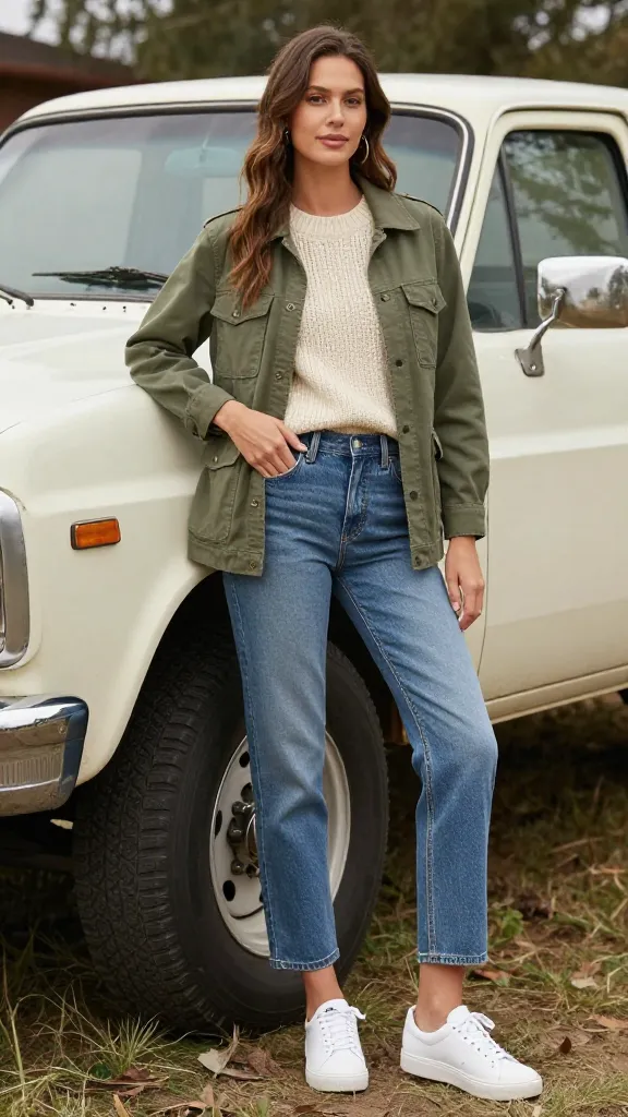 A woman in a olive canvas barn jacket over a chunky knit sweater and high-waisted mom jeans, white sneakers, posing beside a vintage pickup truck in a rural yard.