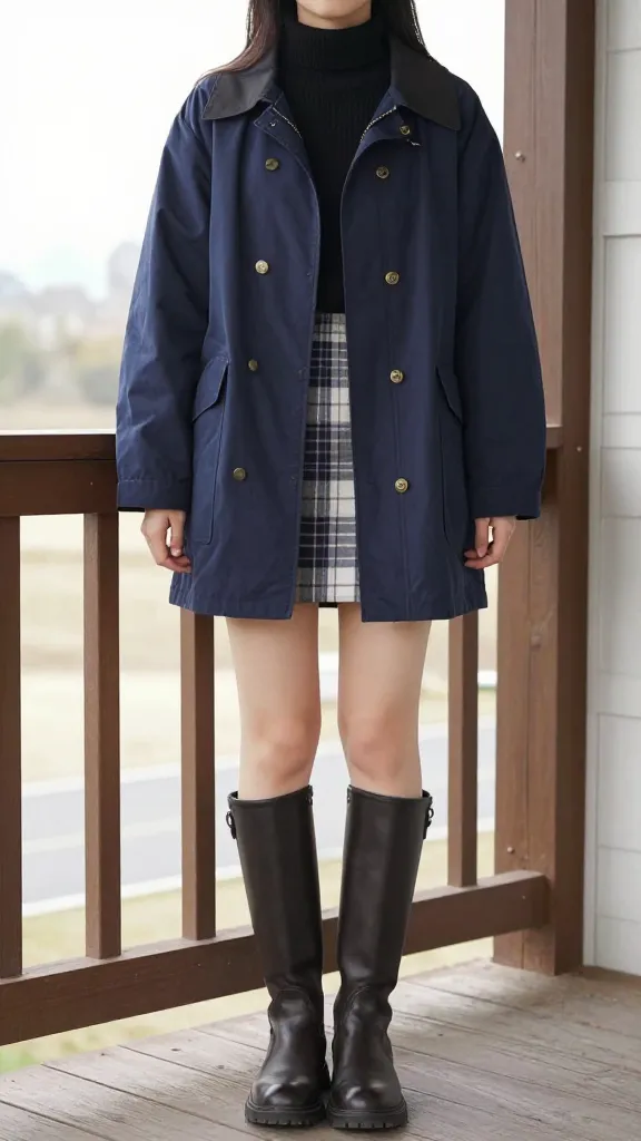 A woman wearing a navy barn jacket with brass hardware over a black turtleneck and plaid mini skirt, knee-high boots, standing on a porch with a wooden railing.