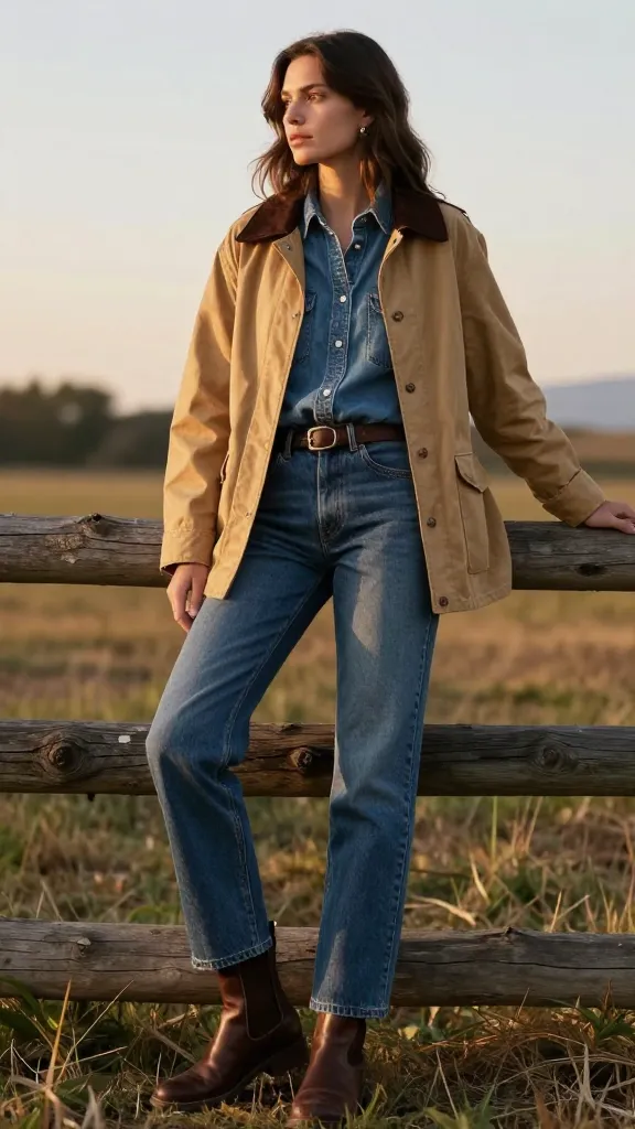 A woman styled in a tan waxed-cotton barn jacket, denim button-down shirt, and straight-leg denim, paired with brown Chelsea boots, leaning on a rustic fence at golden hour.