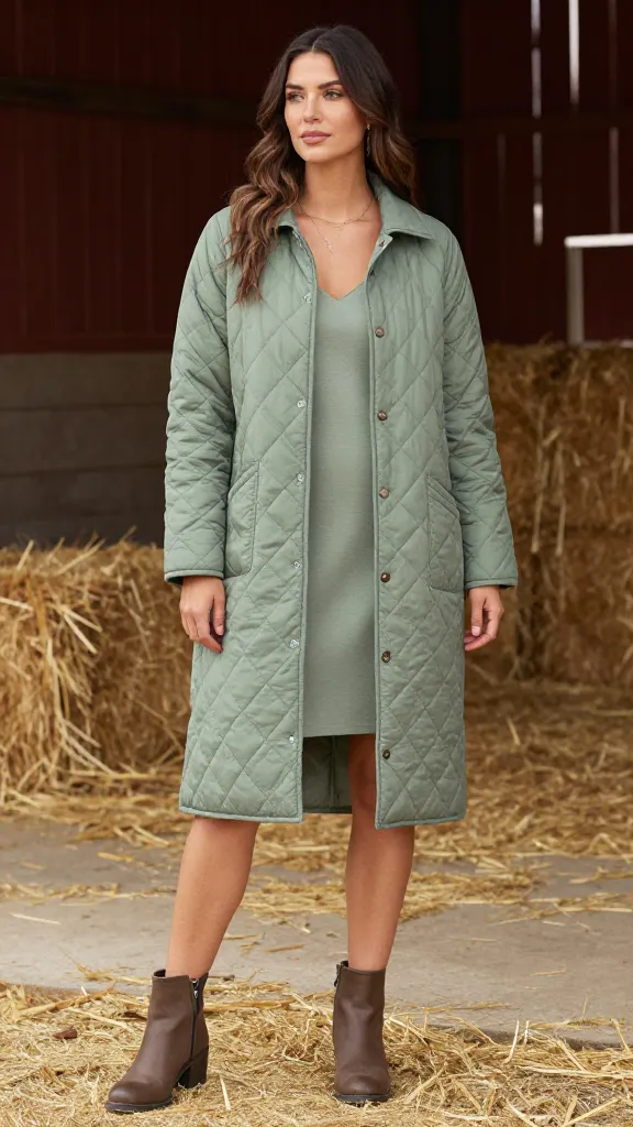 A woman in a longline quilted barn jacket in sage green over a slip dress and ankle boots, standing by a barn with hay bales in the background.