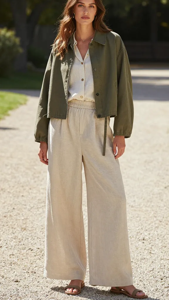A woman wearing a cropped olive barn jacket over a light linen blouse and wide-leg linen trousers, with sandals, posing on a sunlit gravel driveway.