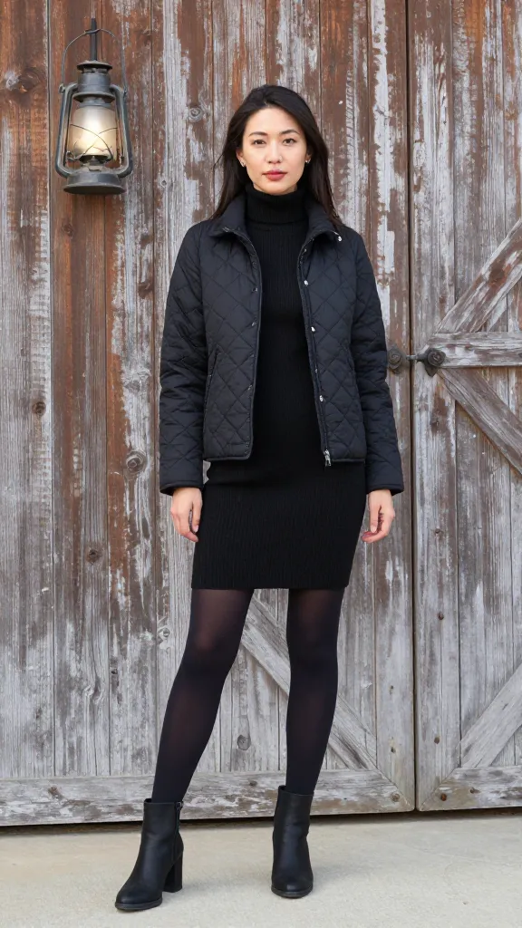 A woman in a black quilted barn jacket over a high-neck knit dress, opaque tights, and heeled ankle boots, standing in front of a weathered barn door with a vintage lantern.