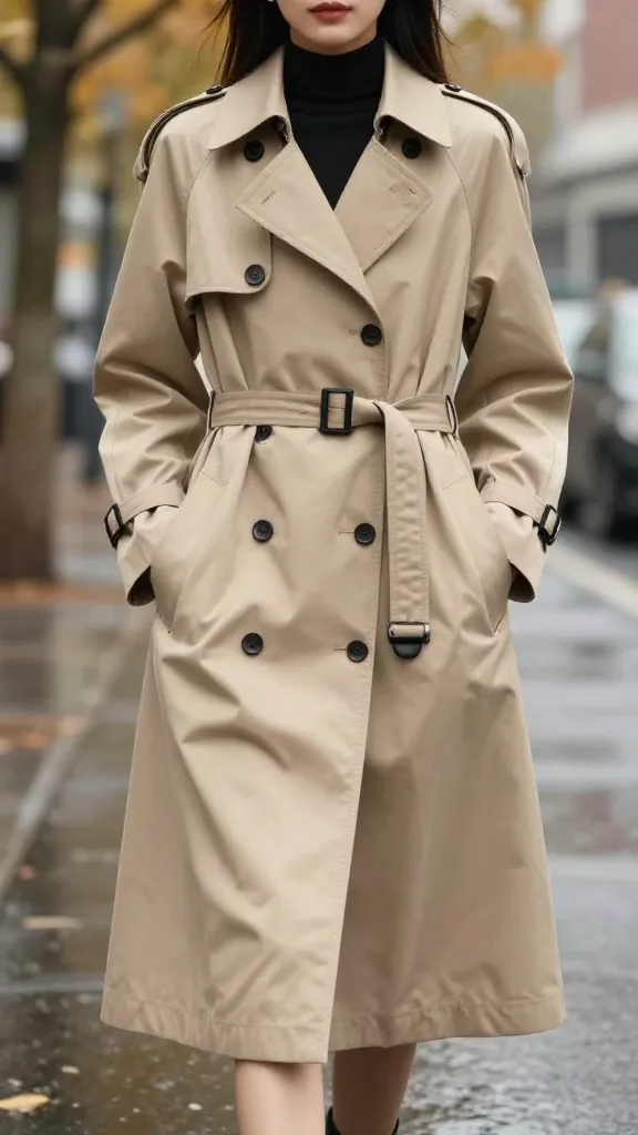 A woman model wearing a classic knee-length beige trench coat with a dark belt cinching the waist, mid-thigh length, water-resistant fabric, standing on a city street with autumn rain and blurred wet pavement, soft natural light, no text on image.