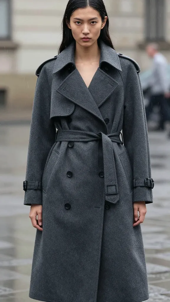 A female model in a charcoal wool trench with a structured silhouette, belt tied at the waist, slightly oversized with shoulder padding, posing against a rainy urban backdrop, muted tones, drizzle in the air, no text.