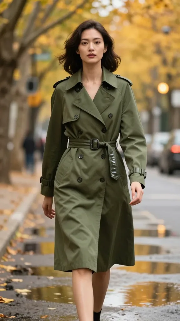 A woman wearing a knee-length olive-green trench with storm flap details and a glossy belt, walking along a tree-lined boulevard in fall foliage, puddles reflecting warm streetlights, no text.