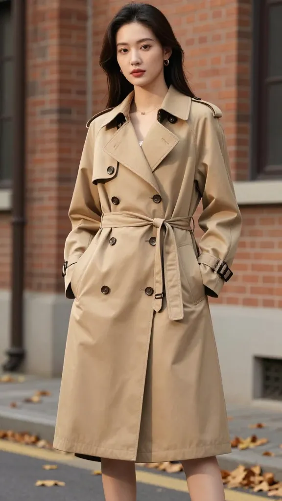 A female model in a double-breasted tan trench coat, belt fastened, mid-thigh length, standing near a brick building with autumn leaves on the ground, crisp morning light, no text.