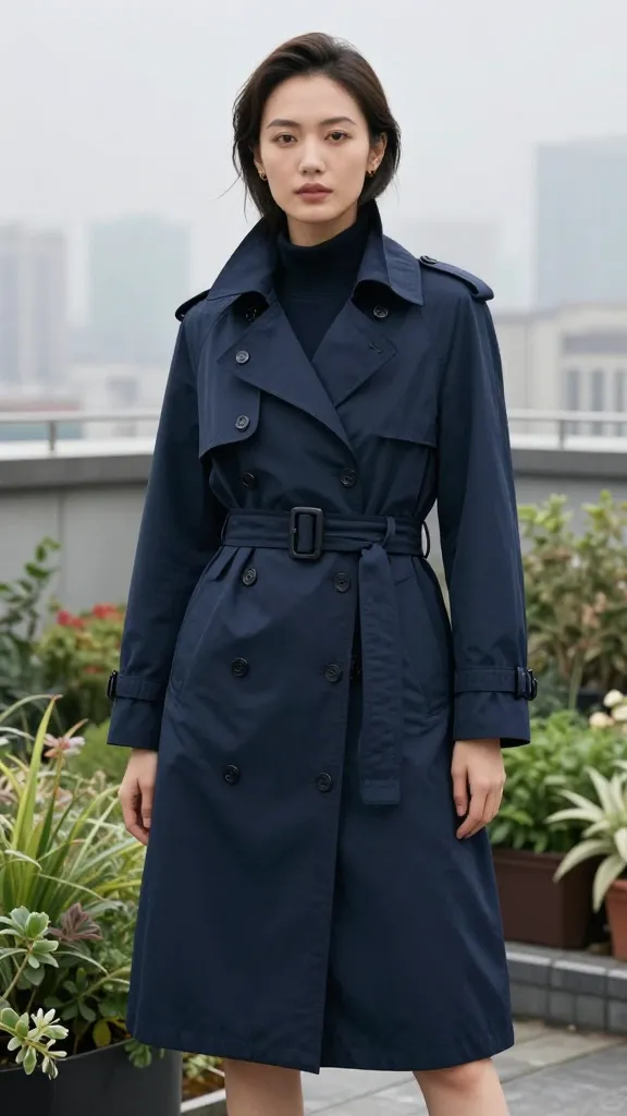 A stylish woman in a waterproof trench with a high collar and waist-cinching belt, navy blue color, posed on a misty rooftop garden with city skyline in the background, soft fog, no text.