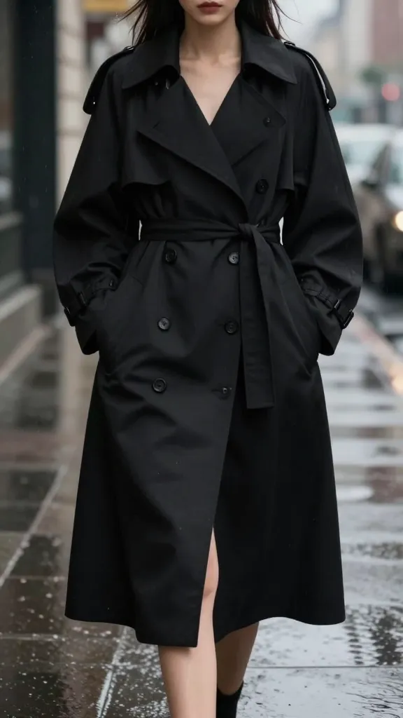 A woman modeling a knee-high black trench with a dramatic cape-like overlayer, belted at the waist, urban rainy setting with reflections, moody diffused light, no text.