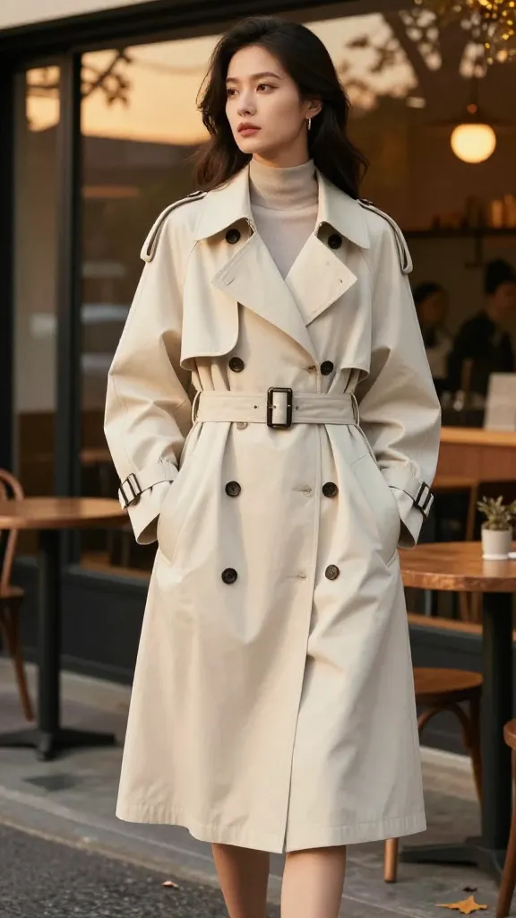 A female model wearing a light trench in cream with a wide belt, slightly oversized fit, standing beside a cafe with amber sunset lighting and wet pavement, autumn vibes, no text.