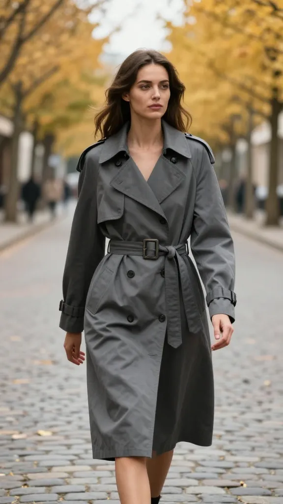 A woman in a belted trench with a belt buckle detail, mid-thigh length, stormy gray color, walking along a cobblestone street lined with golden trees, subtle lens flare, no text.