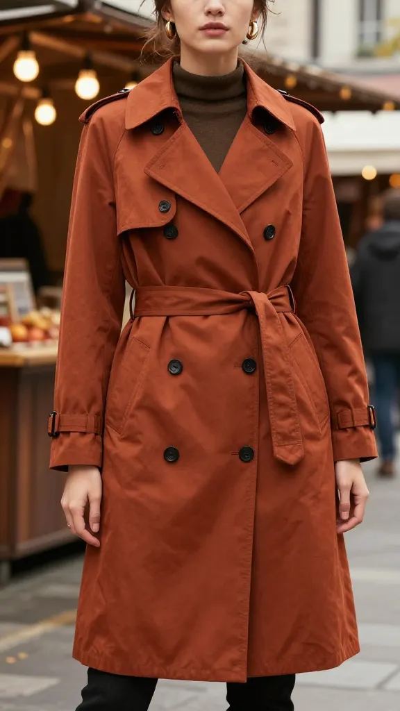 A model showcasing a water-resistant trench in rust/burnt orange, belt tied, mid-thigh, standing at a trolley of autumn market stalls with warm string lights, blurred background, no text.