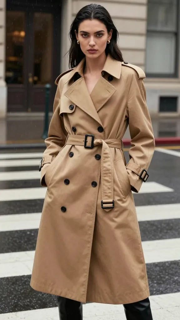 A female model wearing a tailored camel trench with a slim belt, structured shoulders, city crosswalk backdrop, light drizzle and reflective wet streets, confident pose, no text.