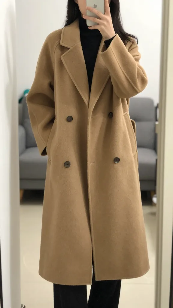A woman standing in a bright doorway wearing a camel-neutral long coat, seen in a mirror selfie from chest up, reflecting the coat’s silhouette with a blurred living-room background.