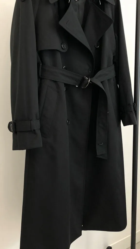 Close-up shot of a black water-resistant trench hanging on a minimalist rack, captured in a mirror selfie style with the camera angled to show the belt, buttons, and drape.