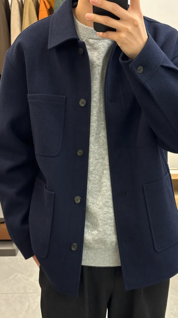 Over-the-shoulder mirror selfie of a navy lightweight wool jacket layered over a soft neutral sweater, focusing on texture and layering details, with a fall-cozy backdrop.
