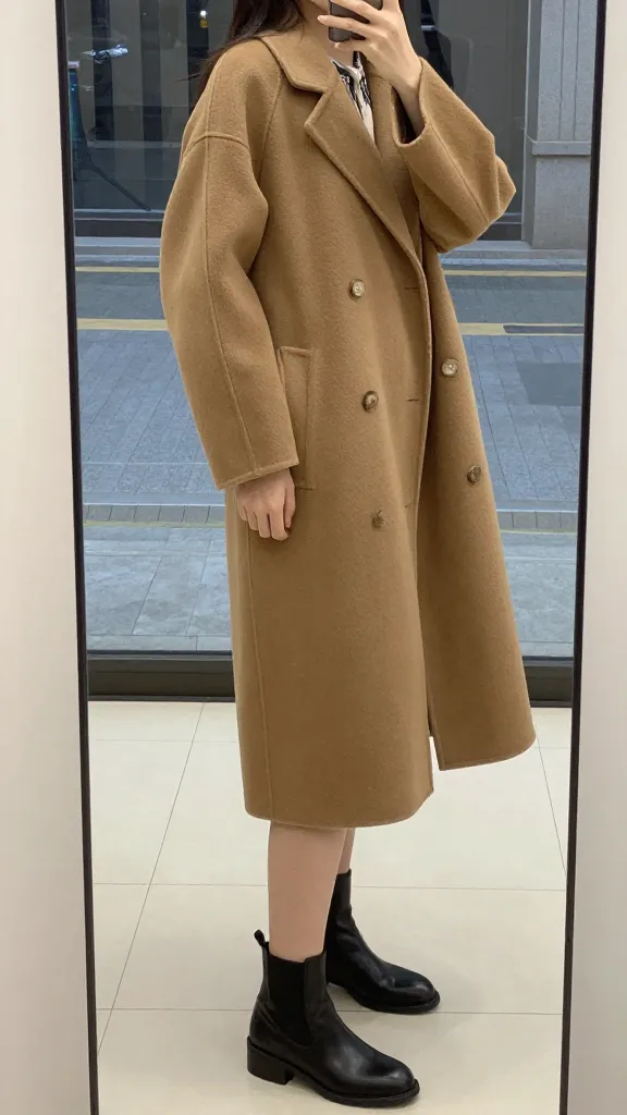 Side-profile mirror selfie of a woman in a versatile mid-length camel coat, showing the coat paired with ankle boots and a hint of a scarf, with a city street reflection.