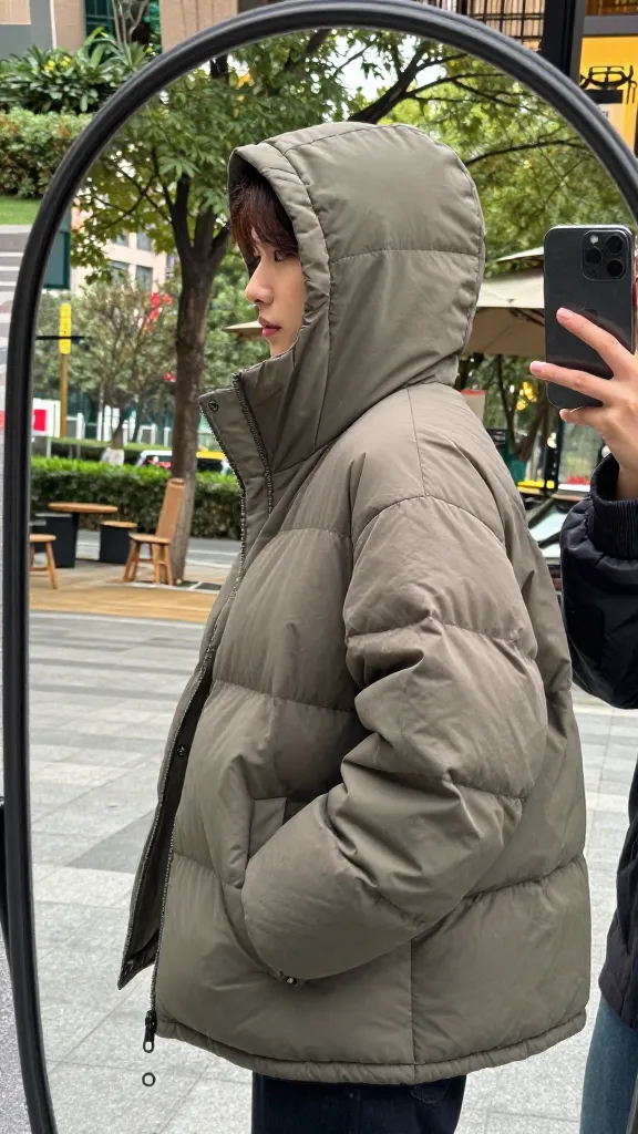 Rear-angle mirror selfie featuring a puffer-style fall jacket in olive or taupe, with the model slightly turned to reveal quilting pattern and hood, against a park setting outside a cafe.