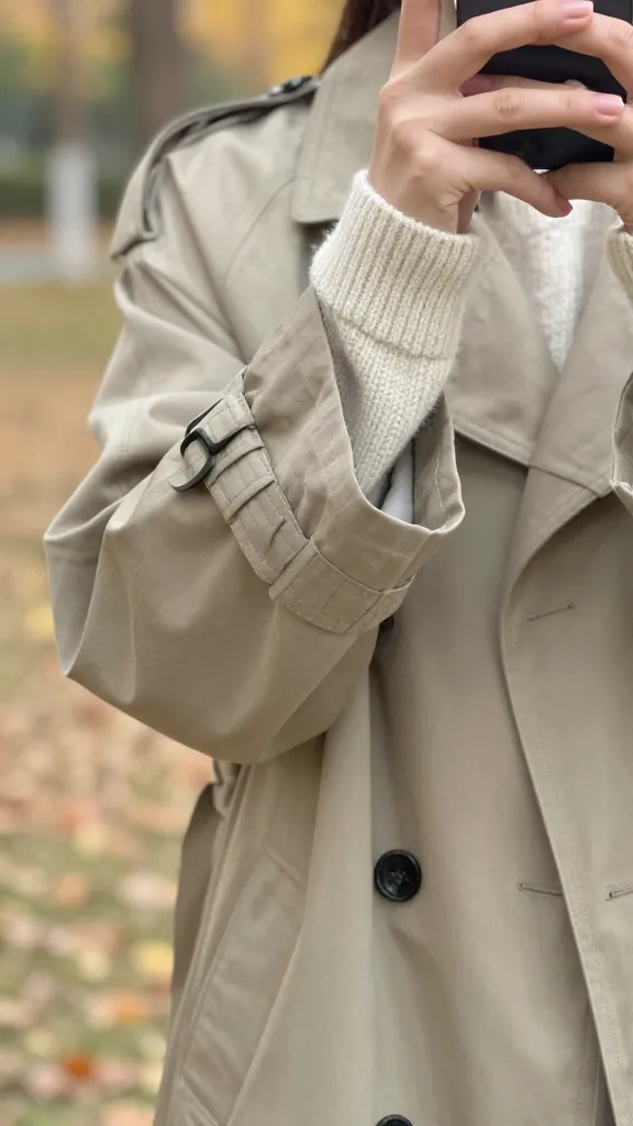 Close-up image of layered outfit details: knit sweater cuffs peeking from beneath a trench sleeve, captured in a mirror selfie with a soft, blurred autumnal background.