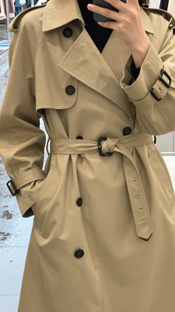 Mirror selfie of a woman wearing a classic tan trench belt tied at the waist, captured from a slightly downward angle to emphasize the belt and drape, with a rainy street reflection.