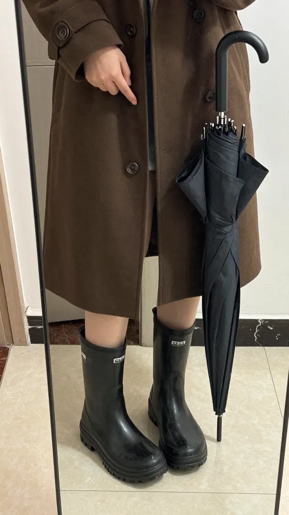 A mirror selfie focusing on a rain-ready accessory set: waterproof ankle boots and a coordinating umbrella held at the side, with the coat sleeve in view and a tiled entryway behind.