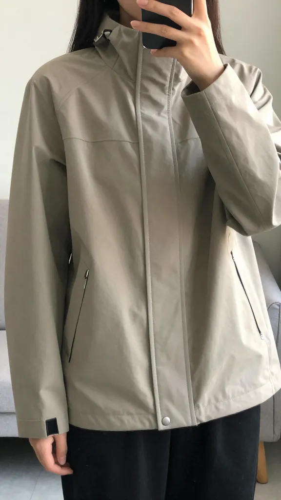 Close-up mirror selfie of a versatile, mid-weight jacket zipper and pocket details in a neutral taupe, with the model in the shot from chest to hips and a soft, monochrome home interior backdrop.