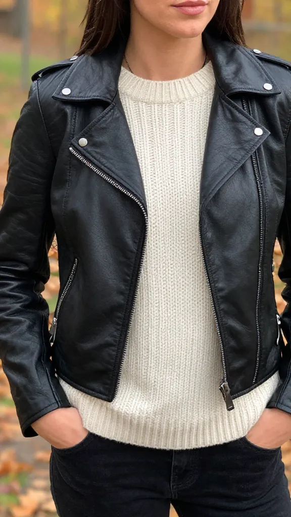 A close-up mirror selfie of a woman wearing a mid-weight black leather biker jacket over a chunky cream knit, with the jacket zipper halfway up and hands in pockets, focusing on the texture of the leather and knit against a softly blurred autumn background.