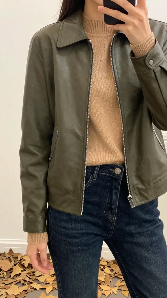 A mirror selfie showing a woman wearing an olive leather jacket layered with a ribbed camel sweater and dark denim jeans, with the camera angled to emphasize the jacket’s sleeve movement and free forearms, background of fallen leaves.