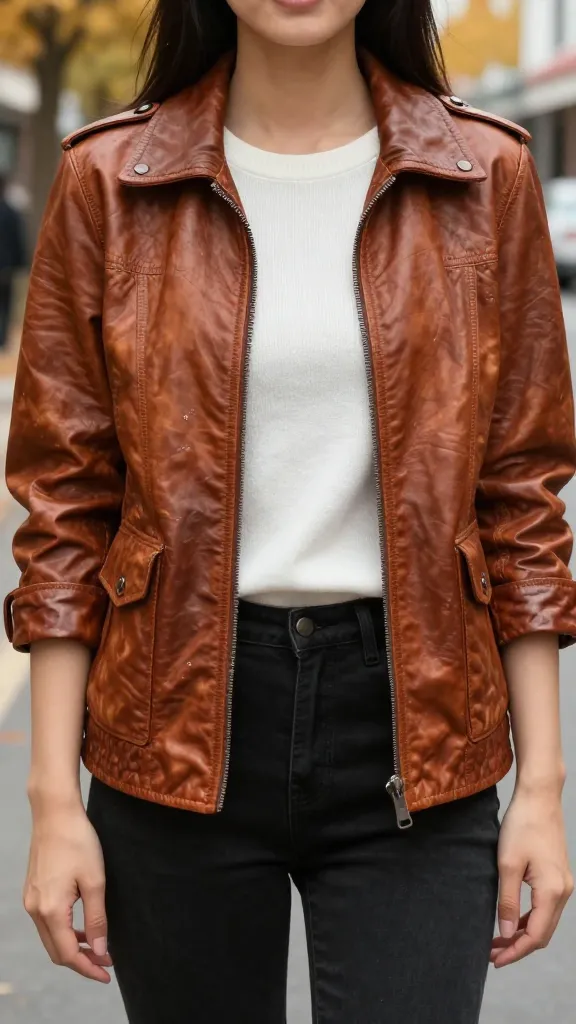 A close-up image of a woman in a whiskey leather jacket over a white knit tee, sleeves rolled just above the wrists, capturing the patina and subtle scratches on the leather with a blurred autumn street scene behind.