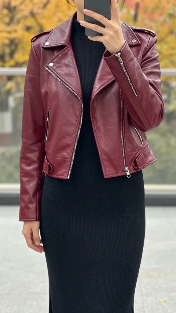 A mirror selfie focusing on a burgundy leather biker jacket paired with a black knit dress, taken from the waist up to highlight the jacket’s collar, zippers, and how it shapes the silhouette against a soft bokeh of fall trees.