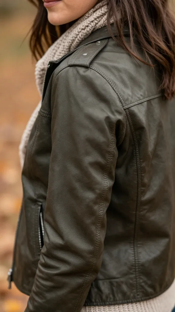 An over-the-shoulder close-up shot of a woman wearing a dark olive leather jacket, showing the shoulder seam and sleeve flexibility as she slightly twists, with a knit scarf peeking out and autumn leaves in the background.
