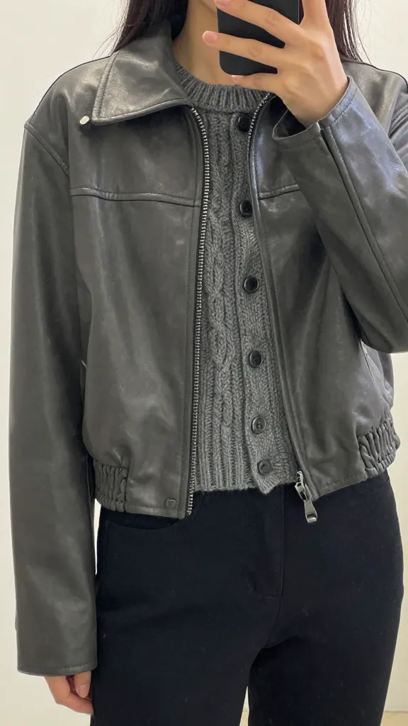 A mirror selfie of a woman wearing a charcoal gray leather jacket over a chunky cable-knit cardigan, cropped to mid-torso to emphasize the hem length and fit, with a reflective surface or window creating a subtle highlight on the leather.
