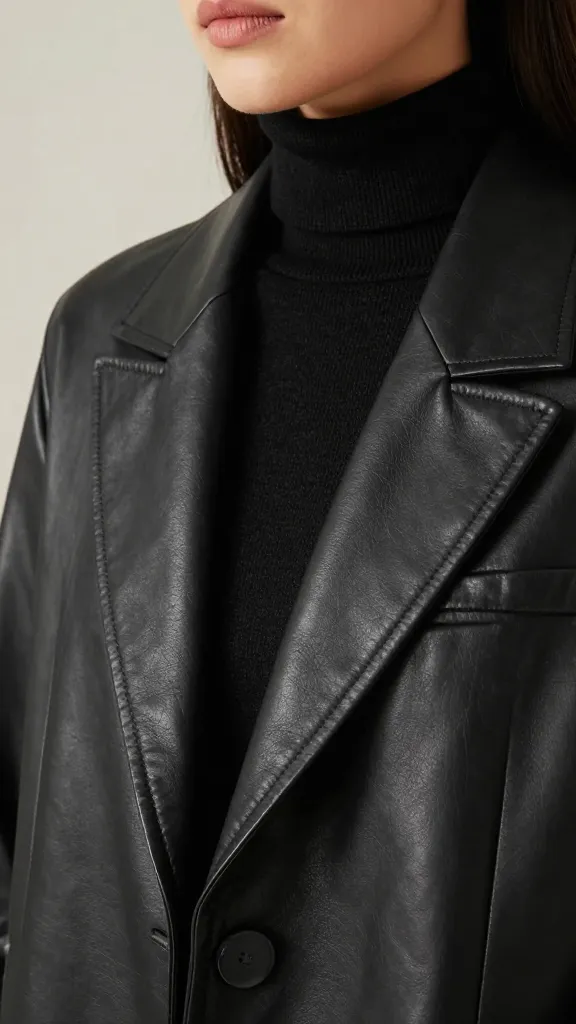 A close-up image of a woman in a black leather jacket layered over a turtleneck, focusing on the jacket’s internal lining peeking out at the collar and the smooth texture of the leather, with a soft neutral backdrop.