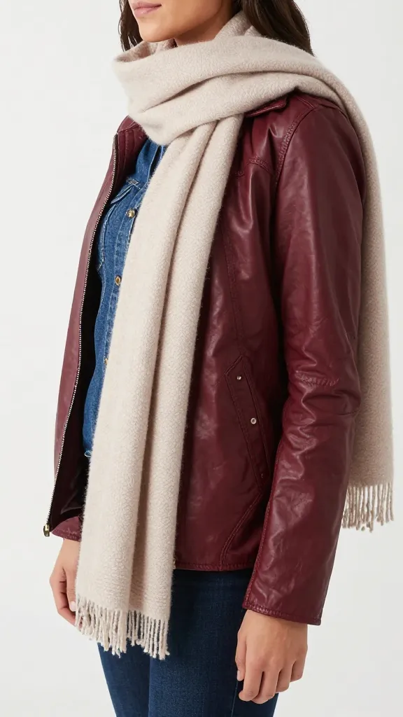 A mirror shot of a woman wearing a mid-weight burgundy leather jacket with denim and a lightweight scarf, captured from an angle that showcases the jacket’s freedom of movement in the sleeves and the scarf’s drape.