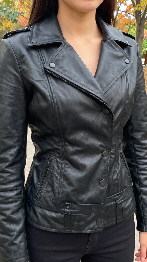 A close-up mirror selfie of a woman wearing a classic black leather jacket with minimal hardware, the hem resting at the waist, showing the stitching detail and crease patterns of the leather, with a blurred autumn park scene behind.