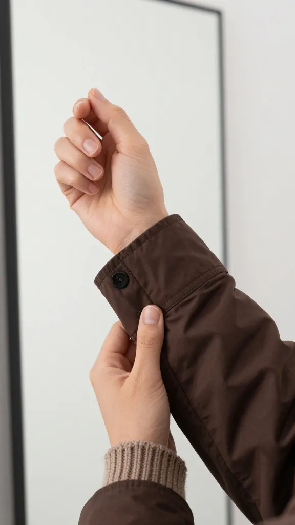 Close-up shot of a chocolate brown jacket sleeve cuff, with a hand adjusting the cuff and a chunky knit sweater peeking out, reflected in a full-length mirror, minimal background.